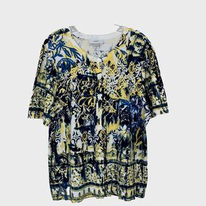 CJ Banks Button Up Cardigan Size X  or 14W Yellow Blue Lightweight Stretch Knit